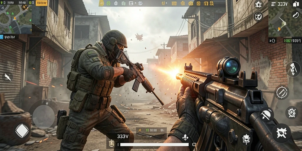 Screenshot utama 333V menampilkan aksi tembak-menembak yang intens di arena.