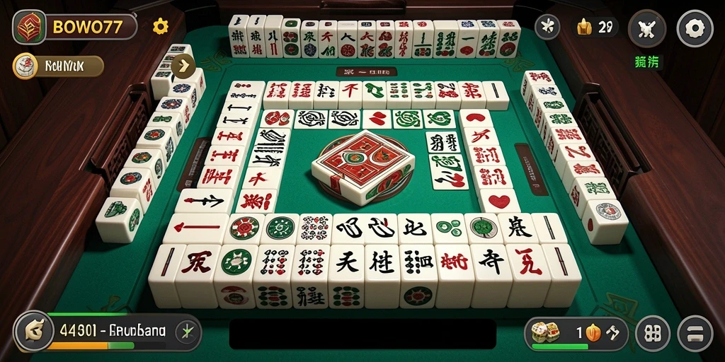 Screenshot menampilkan gameplay menarik dari BOWO77 yang menggambarkan Mahjong.