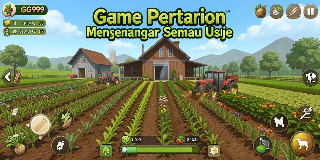 Screenshot utama GG999 menunjukkan serunya gameplay pertanian yang interaktif.