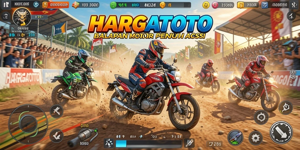 Gameplay HARGATOTO menampilkan aksi balap motor yang intens.