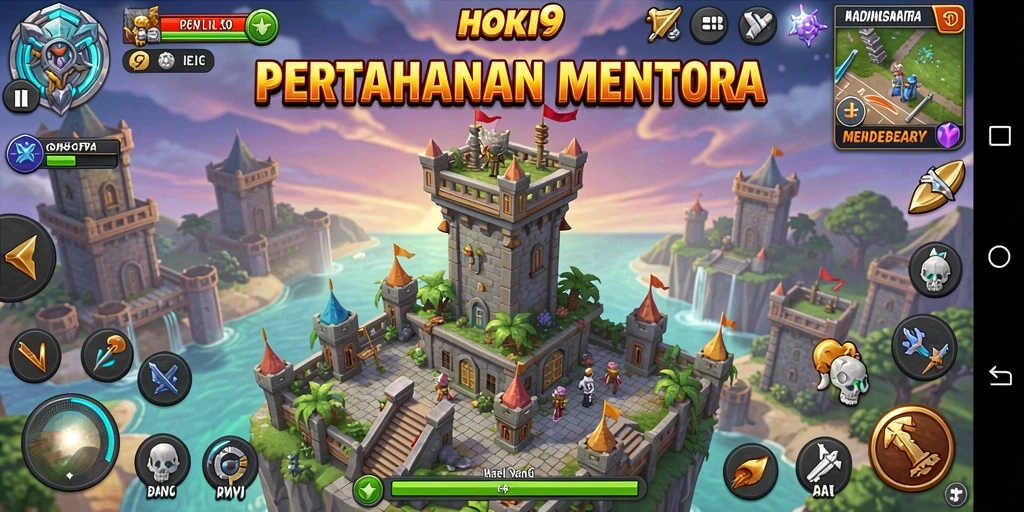 Screenshot gameplay HOKI9 menampilkan menara dan musuh dalam pertempuran strategi.