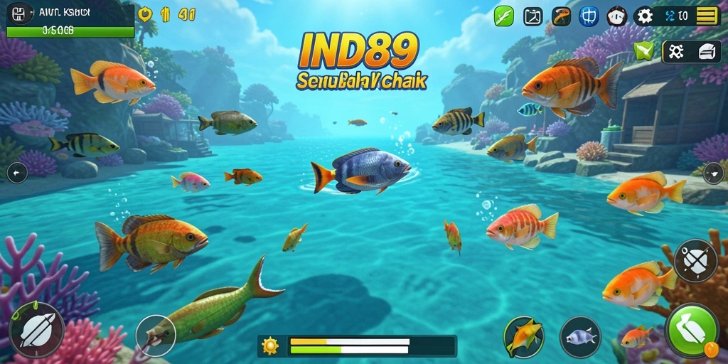 Tampilan gameplay <strong>IND89</strong> saat menangkap ikan dengan senapan.