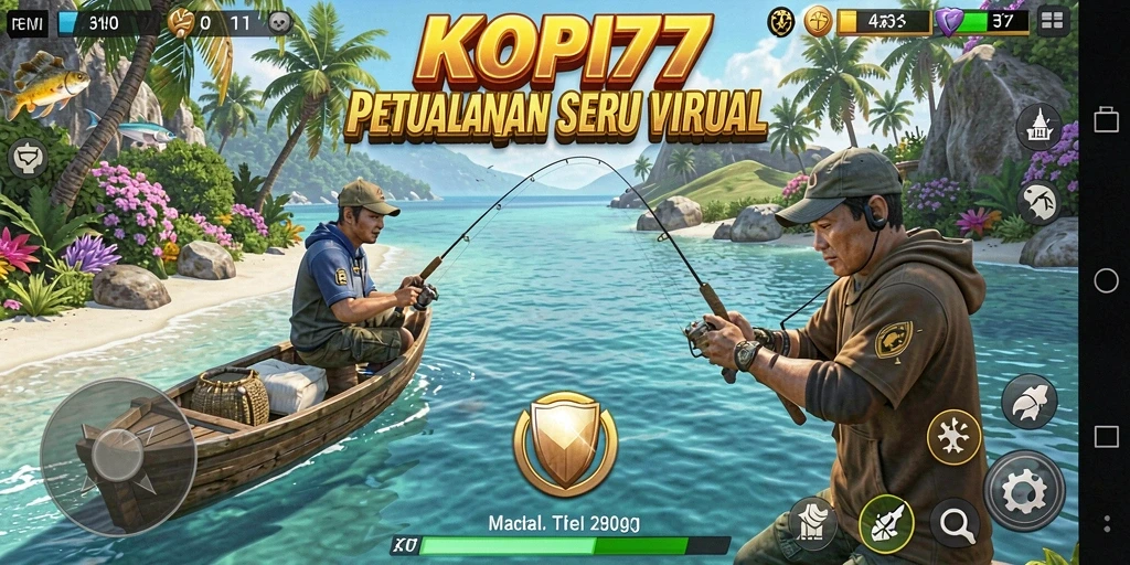 Screenshot gameplay KOPI77 menunjukkan aksi seru dalam memancing di alam yang indah.