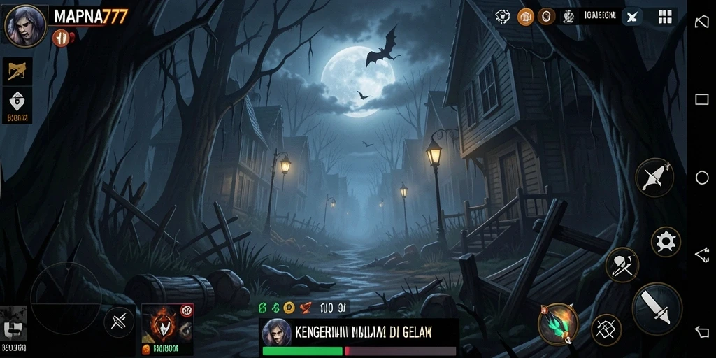 Screenshot gameplay menegangkan di MAPNA777 saat menjelajahi dunia gelap.