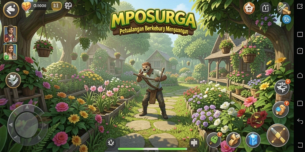 Tangkapan layar gameplay MPOSURGA menunjukkan kebun yang subur dan aktivitas berkebun yang seru.