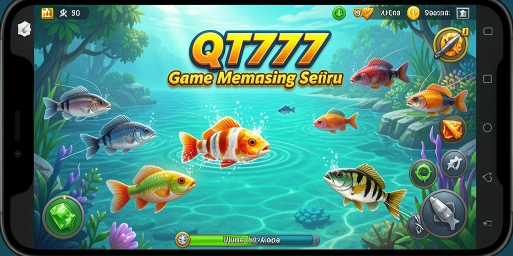 Tampilan gameplay QT777 dengan berbagai ikan menarik dan lokasi memancing.