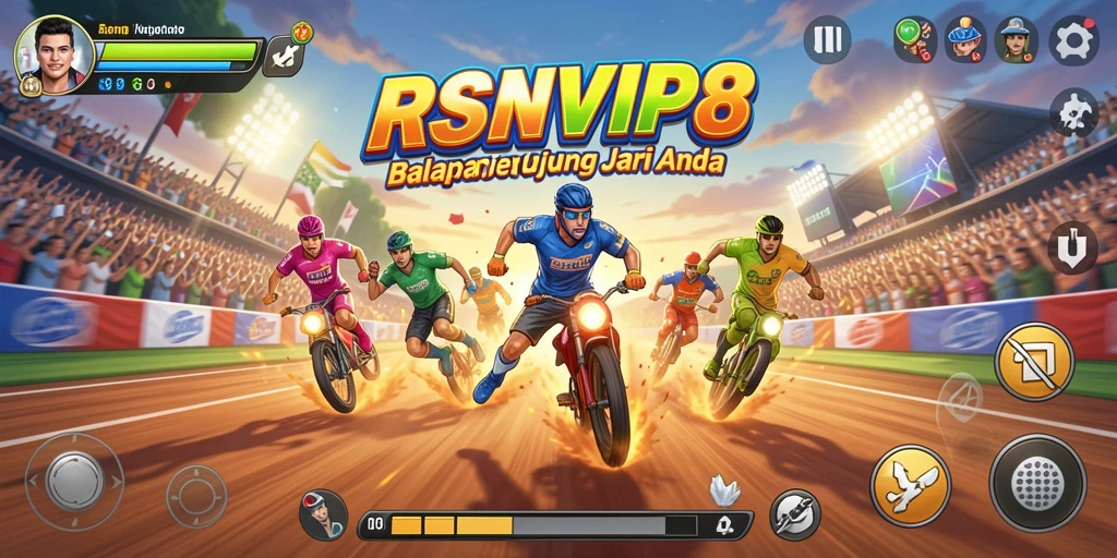 Tampilan gameplay RSNVIP8 dengan lintasan balap yang seru dan mobil terbaik.
